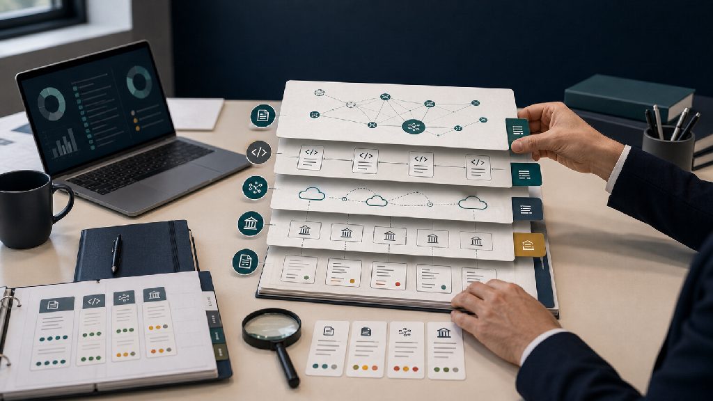 European e-invoicing format atlas on a work desk with country, network and syntax layers.