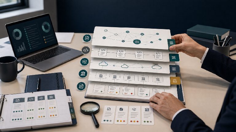 European e-invoicing format atlas on a work desk with country, network and syntax layers.