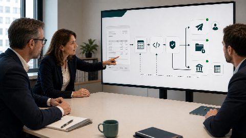 German finance workflow scene with structured invoice data, process display, approval status and e-invoice handoff.