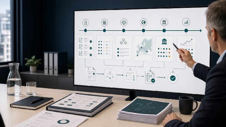Digitale VAT-Reporting-Zeitlinie verbunden mit E-Rechnungsdatenqualität, Nachvollziehbarkeit und nationalen Systemprüfungen.