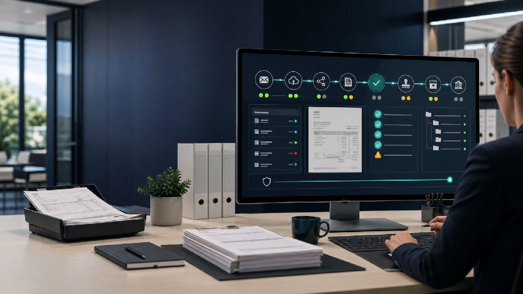 Control desk for incoming e-invoices with channel monitoring, XML view, validation, approval and archive status.