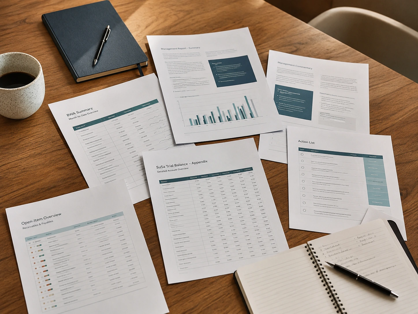Example package with BWA, trial balance, open-item list and management commentary.
