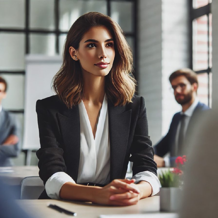 Young businesswoman in black blazer and white shirt sitting at a table, listening attentively, with blurred male colleagues in the background in a modern office setting.