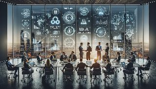 Modern business meeting in a conference room with digital graphics projected on glass walls and city skyline at sunset.
