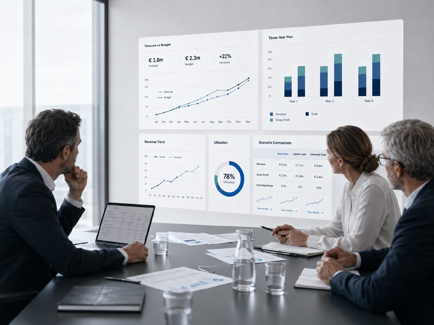 Strategiemeeting mit Forecast-vs-Budget Analyse, Drei-Jahres-Planung und Utilisation Dashboard