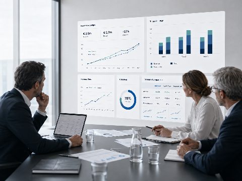 Strategy meeting with forecast versus budget analysis, three-year planning and utilisation dashboard