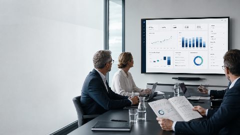 Leadership team reviewing a management dashboard and PDF report in a modern conference room
