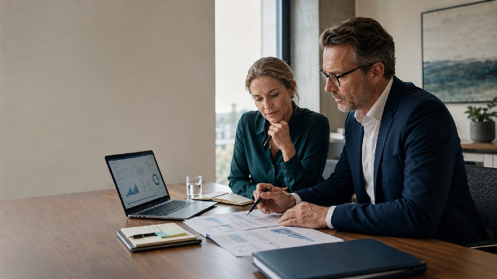 Geschäftsführer und CFO prüfen BWA-Kennzahlen, Berichte und ein Finanzdashboard.