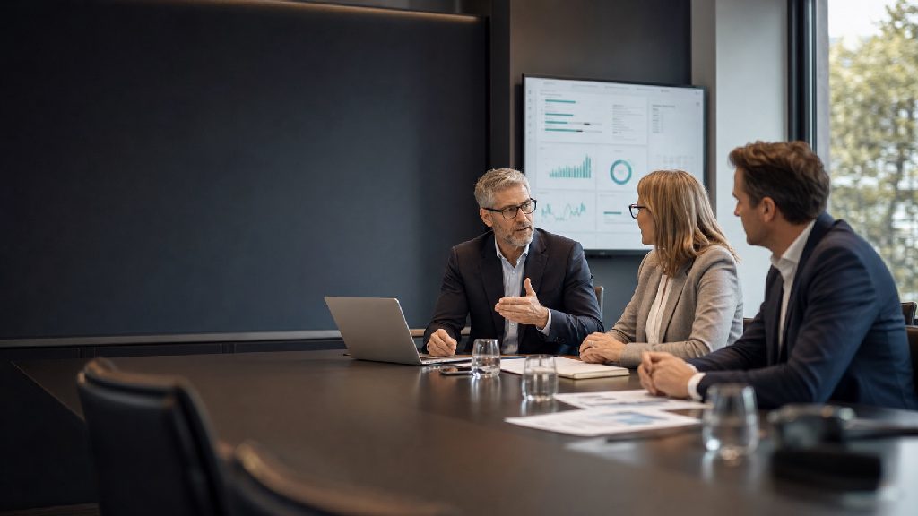 Advisory discussion with leadership team and management dashboard in a modern meeting room