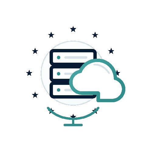 Illustration eines EU-Sternkreises mit Servern und Cloud für europäisch betriebene Infrastruktur.