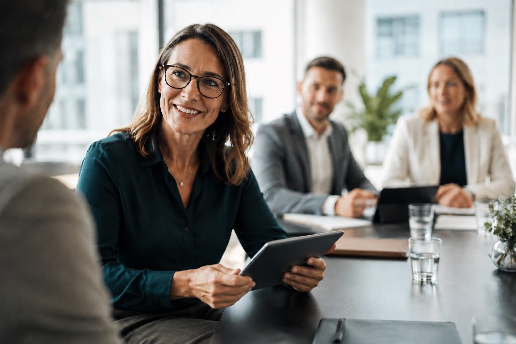 Advisor having a friendly conversation with clients in a bright meeting room.