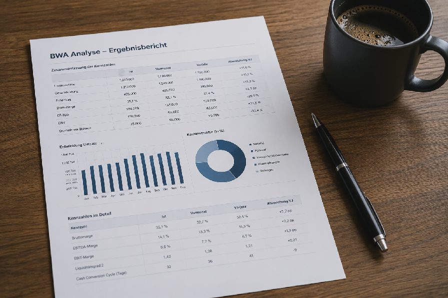 Vorschau eines BWA-Analyseberichts mit Kennzahlen und Warnsignalen.