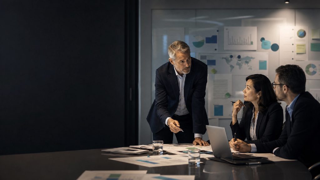 Strategy discussion with leadership team, market analysis and prioritization in a meeting room