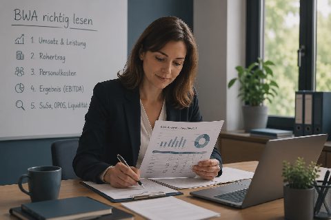 Geschäftsführerin liest eine BWA-Analyse vor einem Flipchart mit Lesereihenfolge.