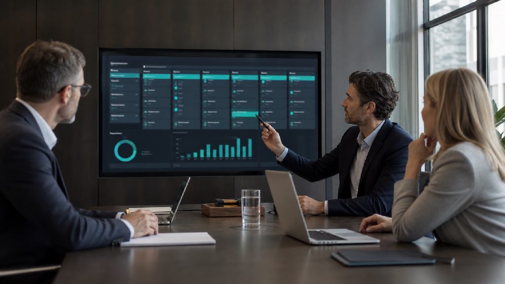 Sales consulting with leadership team and pipeline dashboard in a modern meeting room