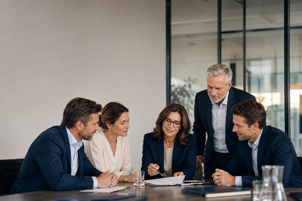 Professional meeting about legal accountability and company documents in a modern office.