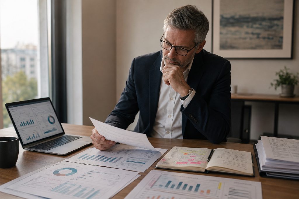 Finance-Verantwortlicher analysiert BWA-Red-Flags, markierte Berichte und Kennzahlen.
