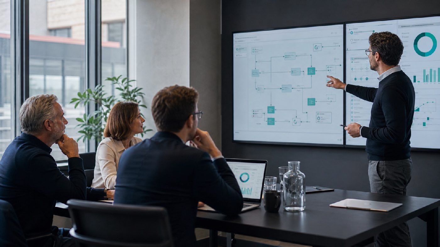 Digital transformation workshop with process visualization and dashboard