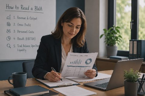 Managing director reading a BWA analysis in front of a flip chart showing the English BWA reading sequence.