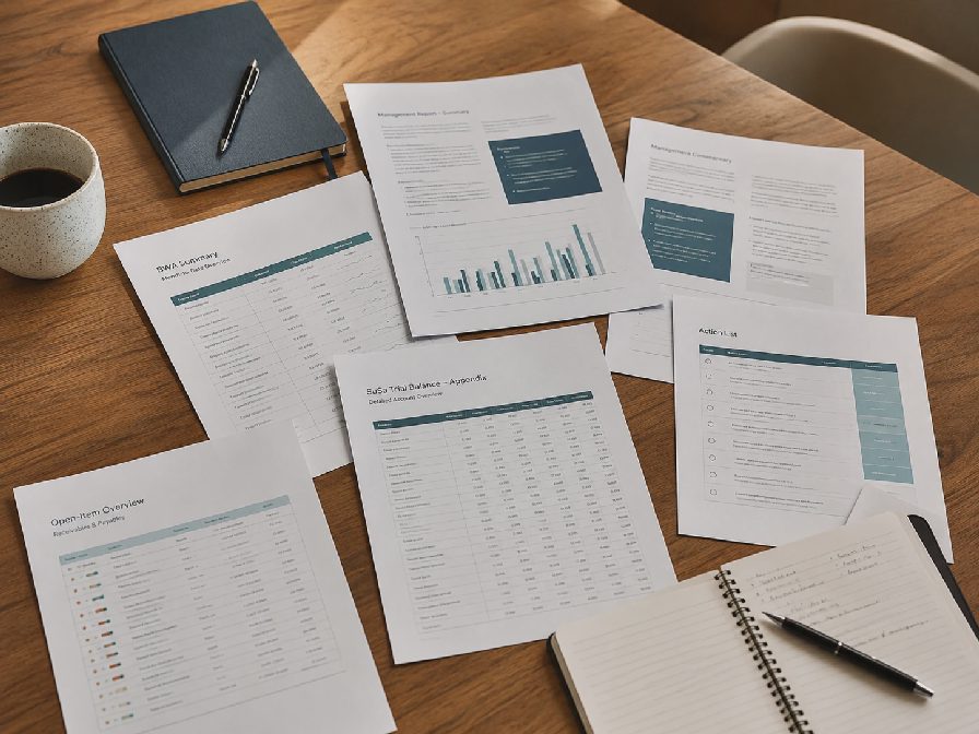Beispielpaket aus BWA, SuSa, OP-Liste und Management-Kommentar.