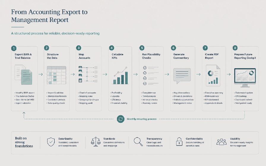 Workflow von DATEV BWA Export über KPI-Logik zum Management Report.